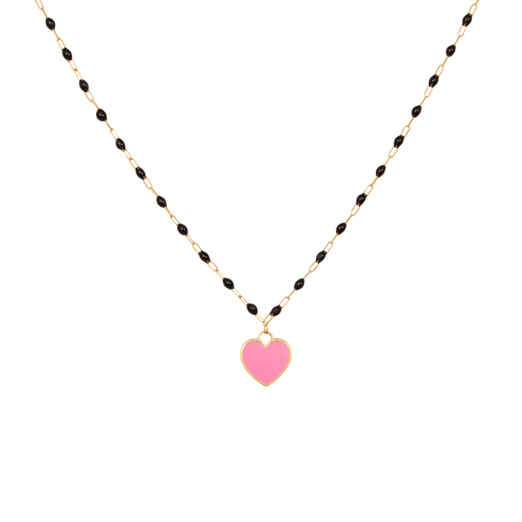 BLACK ENAMEL PINK HEART
